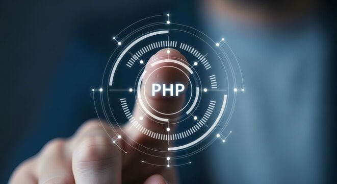 Programmer touching virtual interface with PHP programming language icon