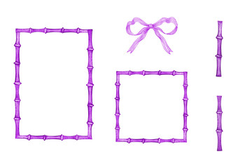 Watercolor purple bamboo stems frames set, for decoration and print