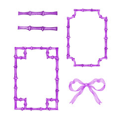 Watercolor purple bamboo stems frames set, for decoration and print