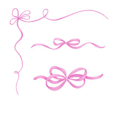 Watercolor pink bows set, ribbon silk, illustration for design and print.
