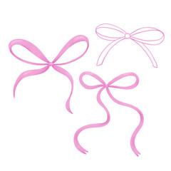 Watercolor pink bows set, ribbon silk, illustration for design and print.