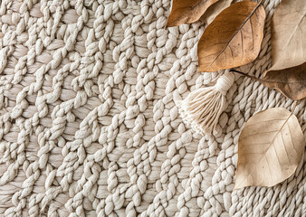 Delicate aesthetic background with a woven macrame and leaves in neutral colors.