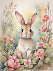 Watercolor Cute Bunny with flowers, for design card and print.