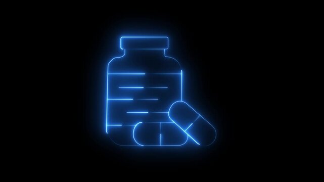 Aqua neon medicine bottle and pills icon animation. Healthcare treatment concept glowing neon sign..