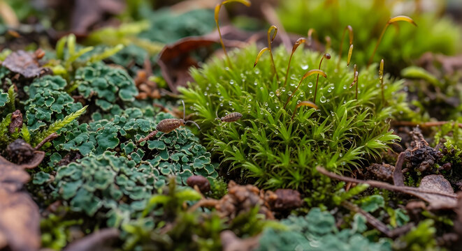 Intricate macro close-up of a vibrant forest floor micro-ecosystem, showcasing lush green moss with dewdrops, lichen, and tiny springtails.