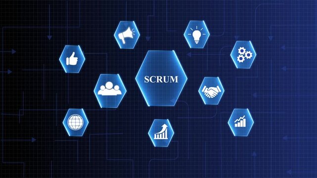 SCRUM, Agile development methodology, programming and application design technology concept on virtual screen.