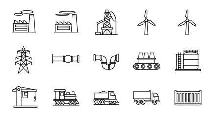 Industrial and Transportation Icons Representing Energy, Infrastructure, and Logistics. © Mahin