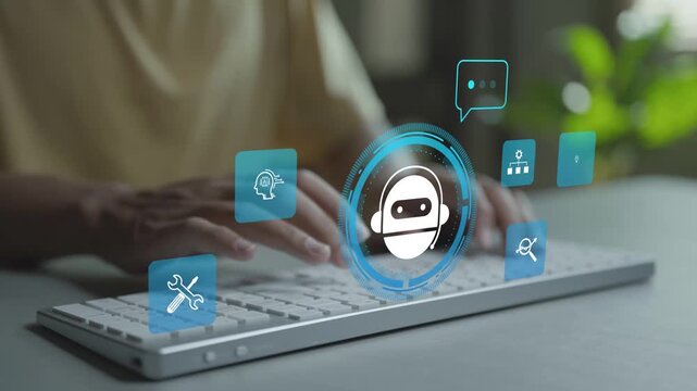 AI chat bot concept. Person typing keyboard with chatbot and artificial intelligence icons, automated customer support, virtual assistant and digital communication technology.