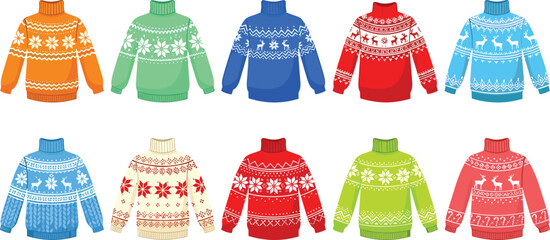 Colorful Christmas sweater set vector illustration featuring festive knitted patterns reindeer snowflakes winter holiday jumper collection isolated design © MstMorshida