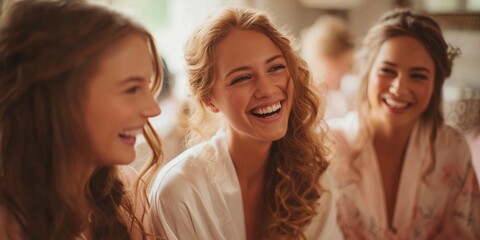 Obraz premium Women smile and enjoy time together before an event on a sunny day