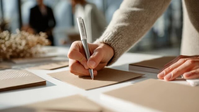 Closeup of a person writing a letter on a brown envelope at a sunlit desk, surrounded by stationery supplies. The scene conveys creativity, mindfulness, and modern minimalism in everyday life