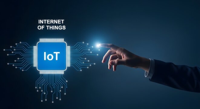 Internet of things concept with iot chip and hand