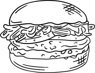 Fototapeta premium Hamburger pen and ink outline illustration in vector, sandwich logo icon with clear isolated background