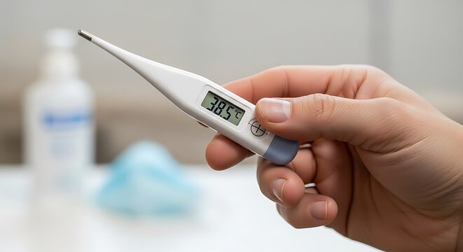 Hand holds a digital thermometer showing a high temperature of 38.5 degrees celsius.