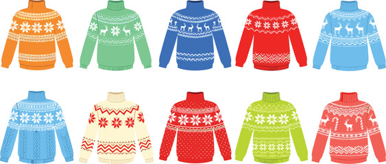 Colorful ugly Christmas sweater collection vector illustration with festive winter patterns reindeer snowflakes knitted holiday jumper set isolated design © MstMorshida