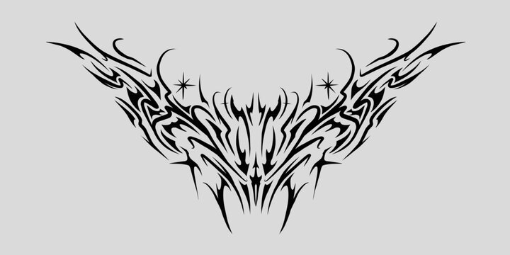neo tribal symmetrical shapes flowing sharp patterns, freehand blackwork tattoo design vector isolated on white