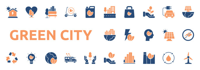 Green City icon two color style with eco bag, plant growth, electric car, renewable, city, green, energy, mind icons