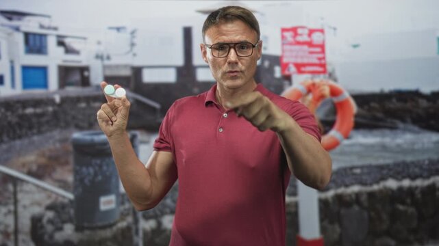 Man holding contact lens case and making phone gesture with thumb and pinky, front of coastal building and lifebuoy at a harbor; playful.