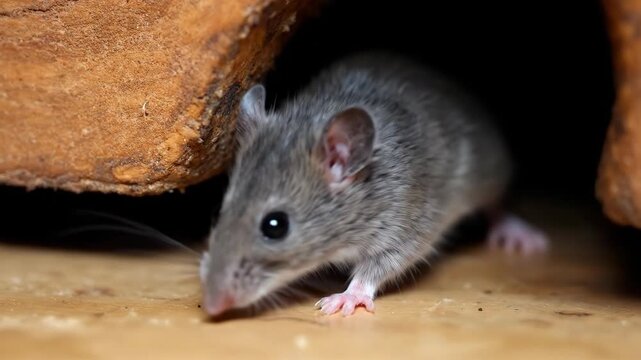 A close-up of a small, inquisitive mouse exploring its wooden habitat.