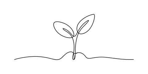 Minimalist black and white continuous line art illustration of a young sprout growing from soil. Vector, illustration