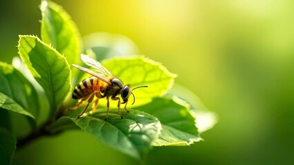 Fototapeta premium Close up background image of bee green leaves