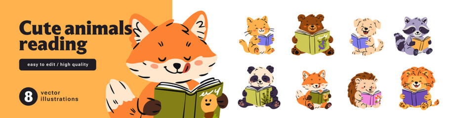 Naklejka premium Cute baby animals read books set. Funny anthropomorphic kids enjoy novels and fiction. Happy cat, dog, bear are learning with literature. Flat isolated vector illustrations on white background.