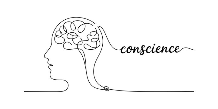 Continuous line drawing of a human head and brain forming the word conscience on white background. Vector, illustration