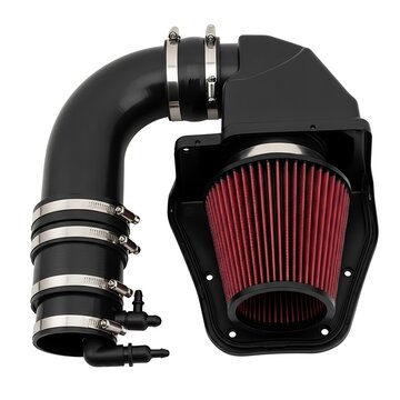 Black car air intake system with red filter on white background