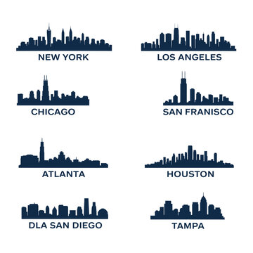 Silhouettes of major us city skylines new york los angeles and more