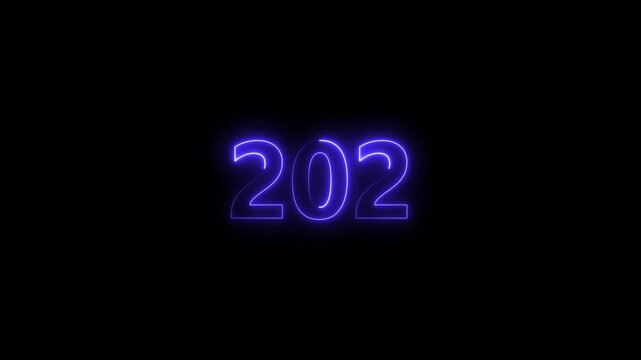 Neon number 202 glowing bright on black background 4k video..