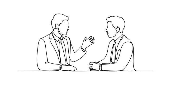 A continuous line art illustration of two professional men in suits talking in a business meeting Vector, illustration