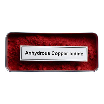 Anhydrous copper iodide powder in a metal container with a label on it clearly