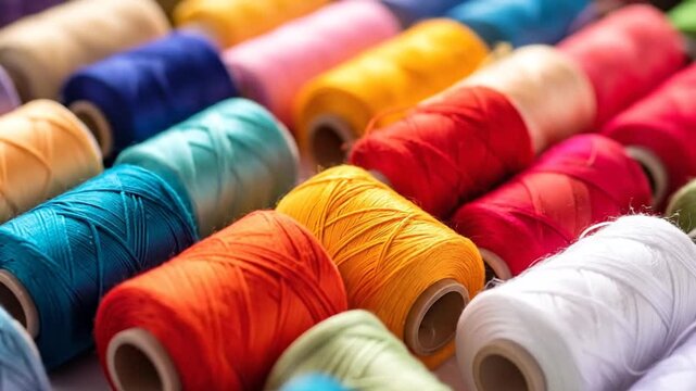 Close-up shot of colorful spools of thread, perfect for sewing and crafting projects.