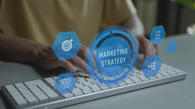 Digital marketing strategy concept. Person typing keyboard with analytics, target audience and campaign planning icons, performance tracking and competitive positioning.