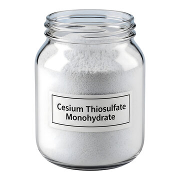 Clear glass jar filled with white cesium thiosulfate monohydrate powder on transparent background