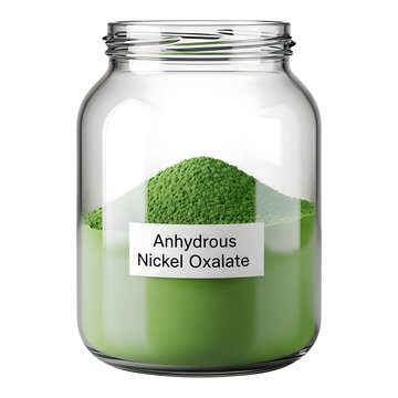 Clear glass jar with anhydrous nickel oxalate powder and label on transparent background