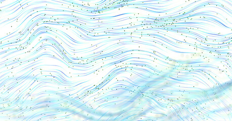 Abstract design with flowing lines and dots in shades of blue and cyan, creating a sense of movement, depth, and energy,