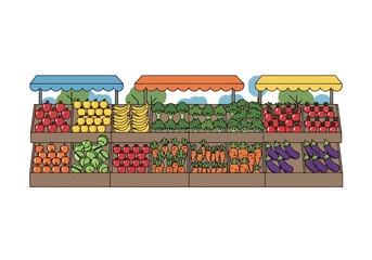 Outdoor Farmers Market Stall With Various Fresh Produce Apples Oranges Bananas Broccoli Carrots Eggplant Healthy Food Display Stands With Colorful