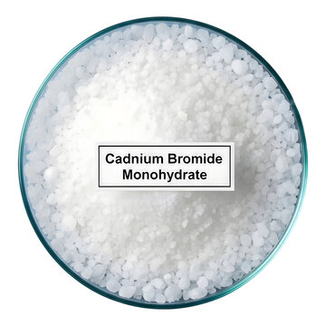 White cadmium bromide monohydrate crystals in a glass bowl isolated on transparent background