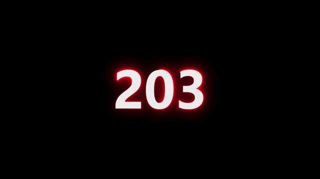 Neon number 203 glowing bright on black background 4k video..