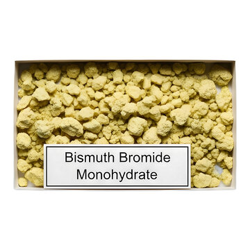 Bismuth bromide monohydrate chemical compound in container with label isolated on transparent background