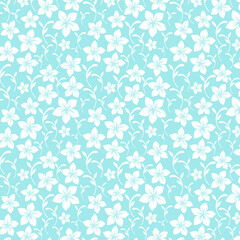 Fototapeta premium Seamless white floral pattern on soft aqua background. Light and airy botanical texture perfect for textile print, nursery decor, stationery and wrapping paper.