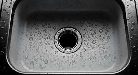 Stainless steel sink with water droplets on surface