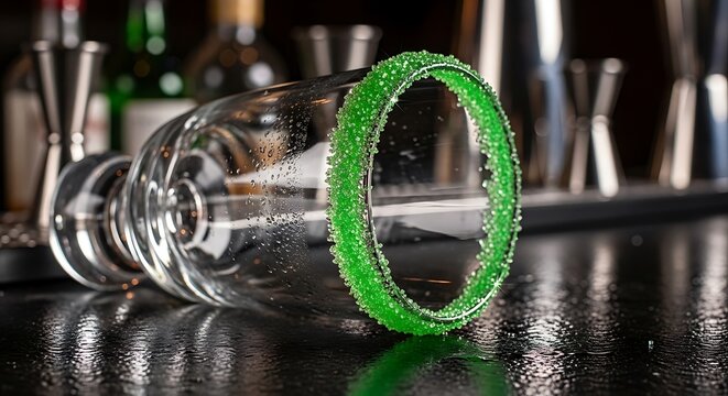 Close up view of a martini glass lying on its side on a wet bar top featuring a vibrant green sugar rim ready for a festive cocktail presentation.