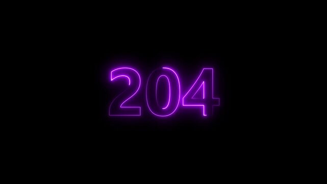 Neon number 204 glowing bright on black background 4k video..