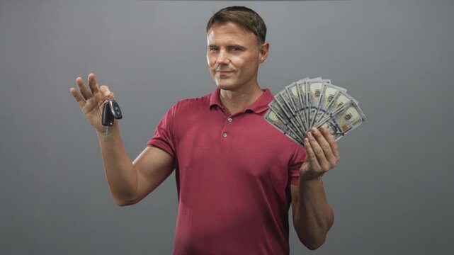 Man holding car keys and fanning us cash with hands in studio, gestures to keys with raised hand; temptation confidence.