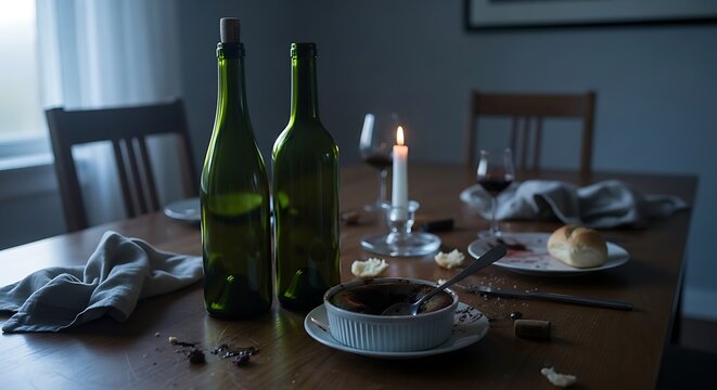 A tranquil evening dining scene unfolds on a wooden table, revealing the remnants of a satisfying meal with two empty wine bottles, a half-eaten dessert, a single glowing candle, wine glasses, and sca