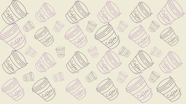 Food doodle pattern with disposable coffee cups on a playful backdrop suitable for menu design, caf branding, and food blogs.