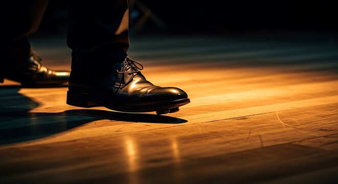 A close-up shot of a person's foot in a sleek, polished black leather dress shoe gracefully stepping onto a well-lit wooden stage floor, creating a sense of anticipation and elegant movement under dra