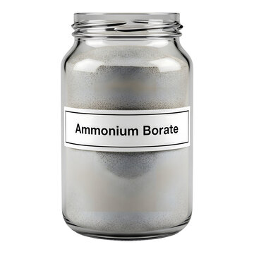 Clear glass jar filled with ammonium borate powder on isolated transparent background for chemistry use